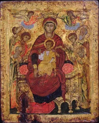 Madonna och barn tronade med heliga, grekiska öarnas ikon, tidigt 1700-tal (tempera på panel)